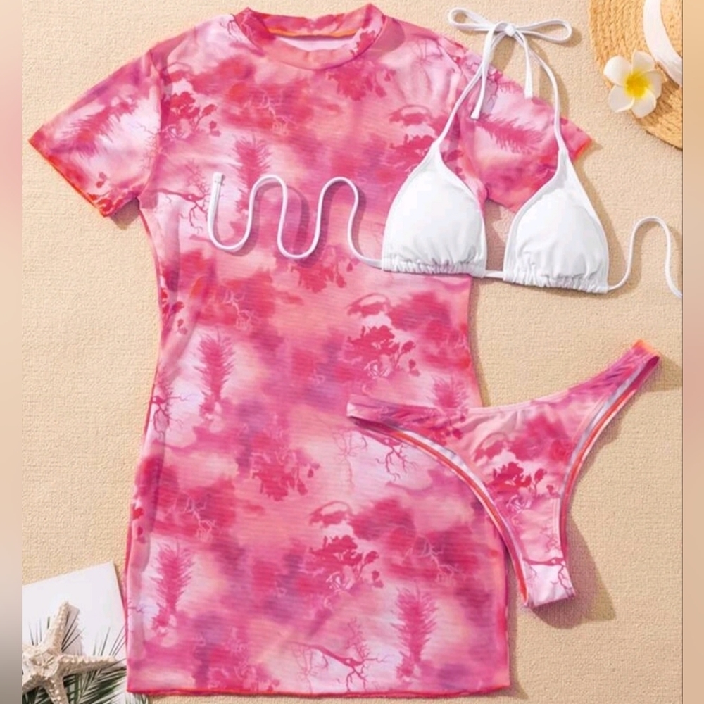 3-piece triangle bikini swimsuit with cover up mesh. Size L.